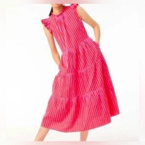 HTF J. Crew Hot Pink Tiered Ruffle Midi Dress